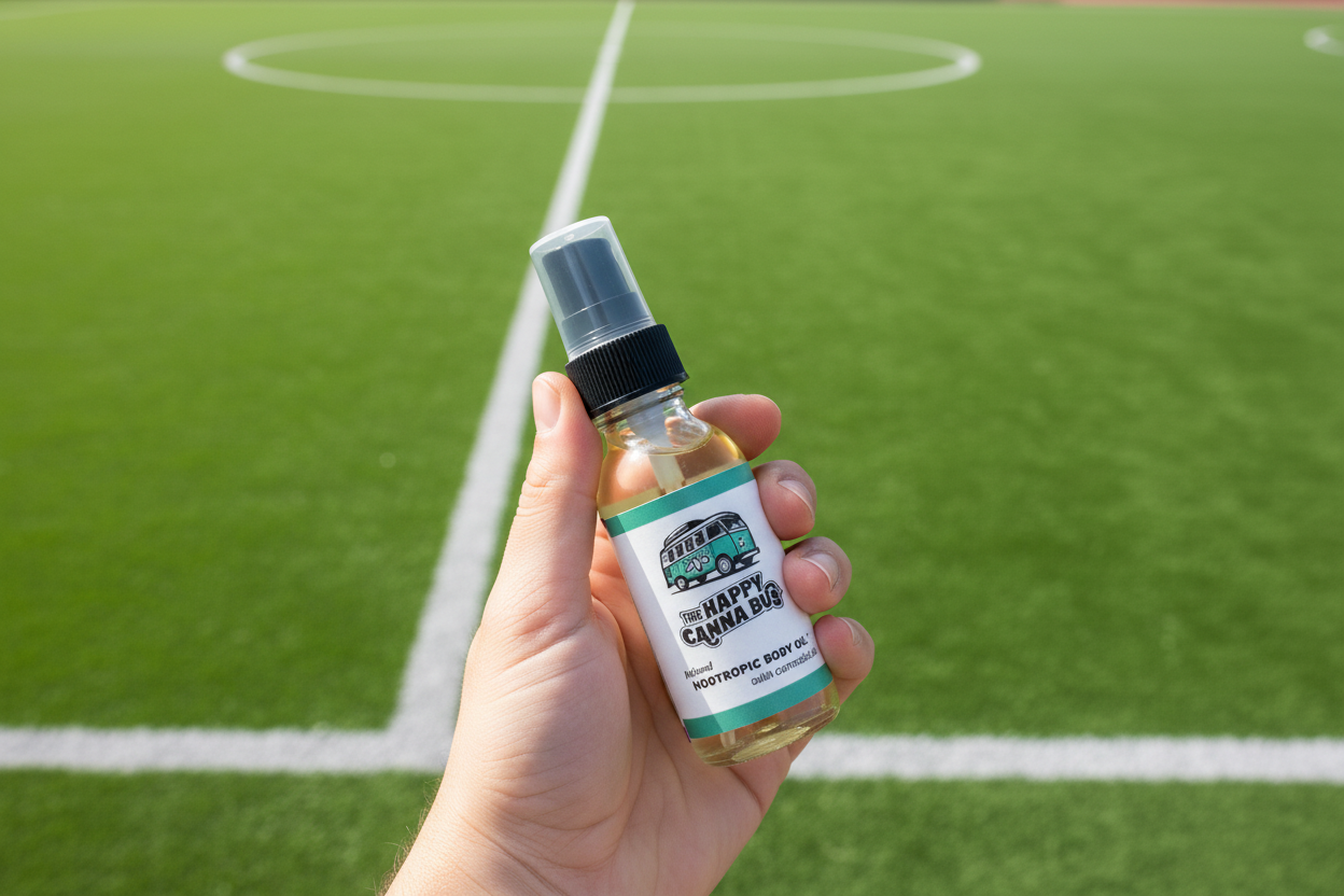 eucalyptus travel nootropic body oil by the happy canna bus thc free hemp on football field