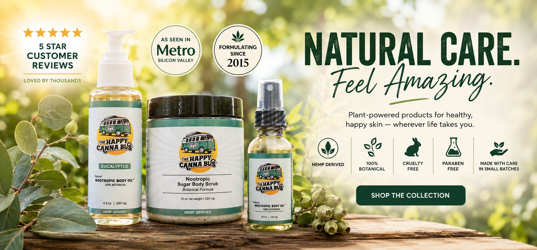 The Happy Canna Bus™️ homepage of showcasing nootropic body oil cbd products 