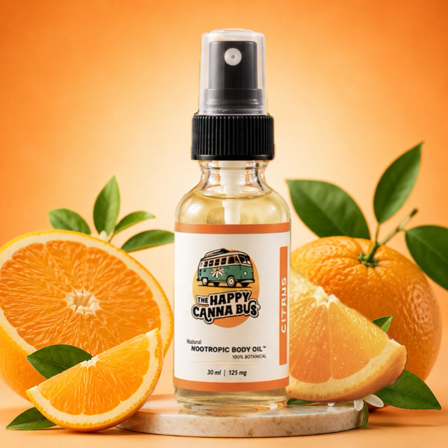 Bottle of 'The Happy Canna Bus nootropic  body oil with oranges and orange slices on an orange background