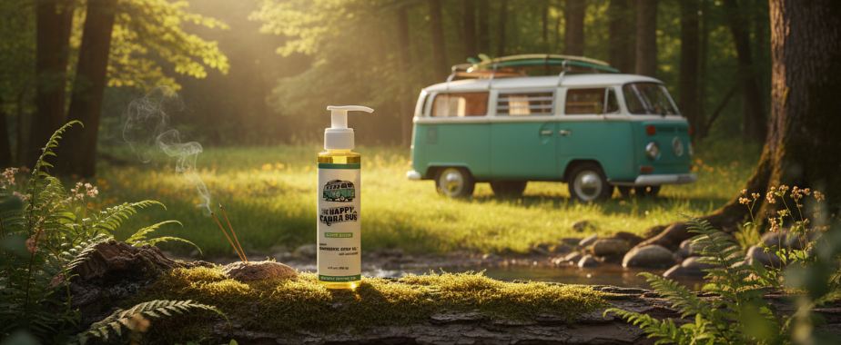 cbd body oil with a label in a forest setting with a vintage van in the background