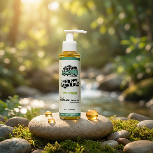 nootropic body oil in eucalyptus on a river rock
