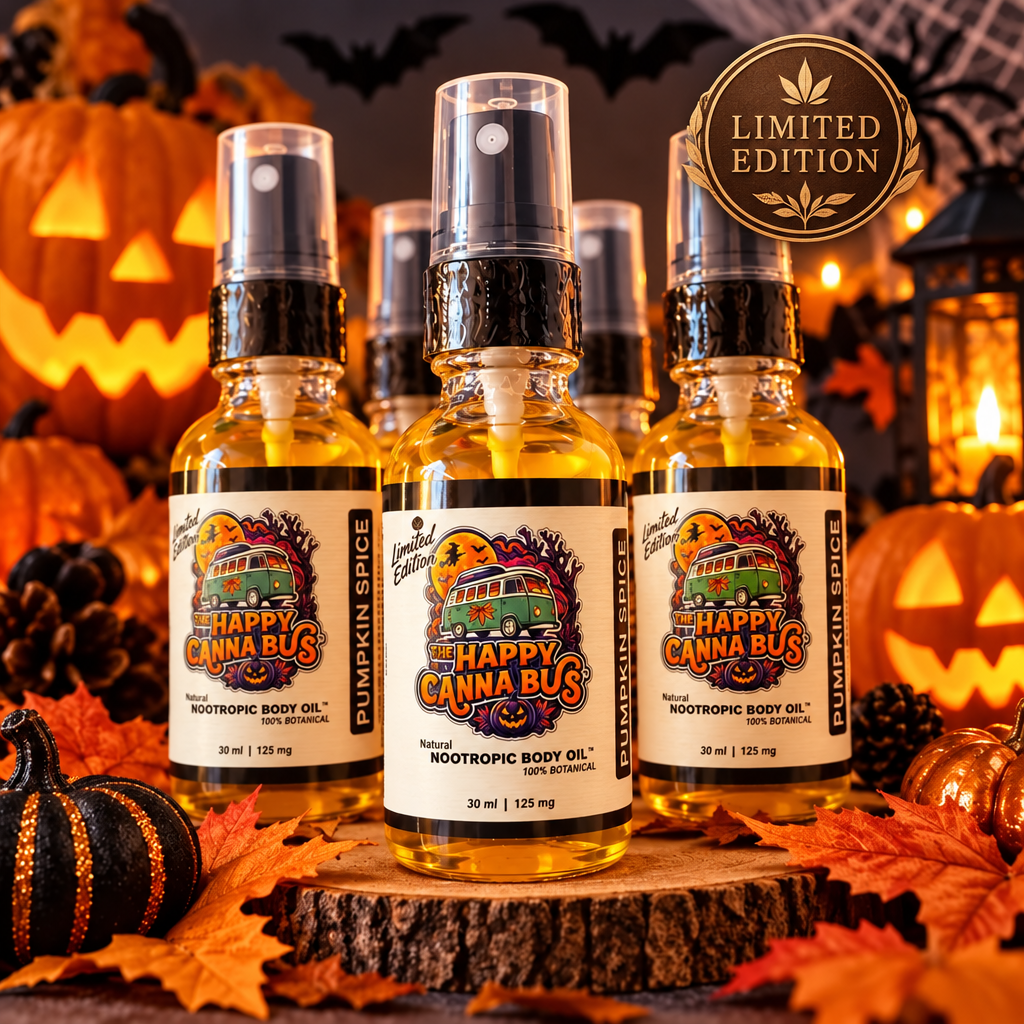 Three bottles of 'Happy Canna Bus' Nootropic Body Oil arranged on a rustic wood slice surrounded by autumn leaves, pumpkins, and candles for a Halloween-themed product shot.