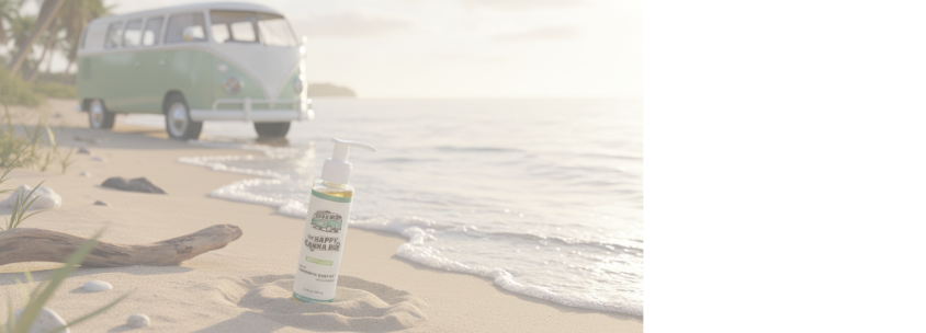 Vintage van on a beach with a bottle of cbd body oil in the foreground